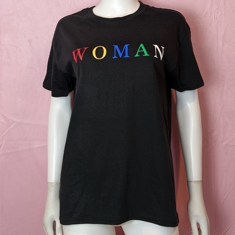 Boohoo Woman Rainbow Slogan Black Tee